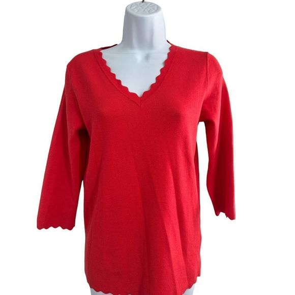 NWOT‎ Premise Orange Scalloped V Neck 3/4 Sleeve Ribbed Top Sweater Medium - Picture 1 of 9